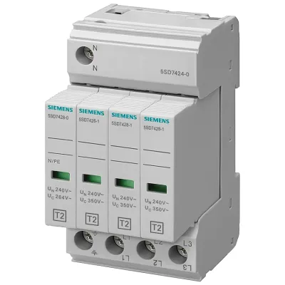 Ограничитель перенапряжений тип 2 REQUIREMENT категория C, UC 350V PLUG-IN PROTECTION BLOCKS 4пол., 3+1 CIRCUIT для TN-S AND TT SYSTEMS NARROW DESIGN Siemens 5SD7424-0
