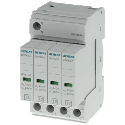 Разрядник T2, UN 240/400 V, UC 350/264 V AC, втычной зашитный модуль, 3+1 цепь (TN-S, TT), ширина 49.2 mm Siemens 5SD7424-2