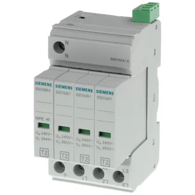 Разрядник T2, UN 240/400 V, UC 350/264 V AC, втычной зашитный модуль, 3+1 цепь (TN-S, TT), ширина 49.2 mm Siemens 5SD7424-3
