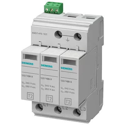 Ограничитель перенапряжений тип 2 REQUIREMENT CAT. C,UC 580V AC PROTECTION BLOCKS PLUGGABLE 3пол.S, 3+0 CIRCUIT для IT SYSTEMS WITHOUT N CONDUCTOR COMMUNICATION CONTACT Siemens 5SD7473-1