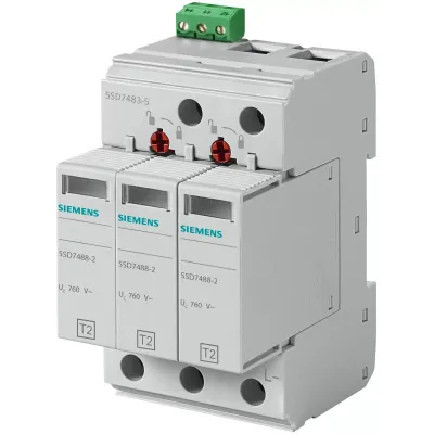 Обмежувачі перенапруги тип2, втичні модулі, UC 750V AC, 3-POLE, FOR 4-CONDUCTOR POWER SUPPLY SYSTEMS (L1, L2, L3, PEN), REMOTE SIGNALING CONTACT Siemens 5SD7483-5
