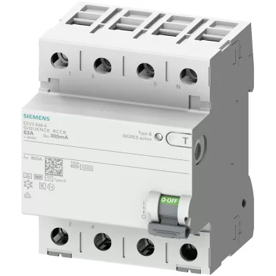 Узо тип B 80 A 3 + N-пол. 500 mA 400 V 4 MW з короткою затримкою Siemens 5SV3747-5 Узо тип B 80 A 3 + N-пол. 500 mA 400 V 4 MW з короткою затримкою Siemens 5SV3747-5