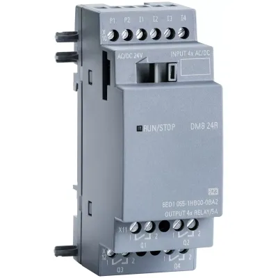 SIPLUS LOGO! DM8 24R, модуль розширення, робоча температура -40 ... + 70°C, пуск при -25°C, зі стійким покриттям, на основі 6ED1055-1HB00-0BA2 . модуль розширення, напруга живлення / входів / виходів: 24 в/24 в/реле, ширина 2TE, 4 DI/4 DO, ~/=/NPN вхід, д