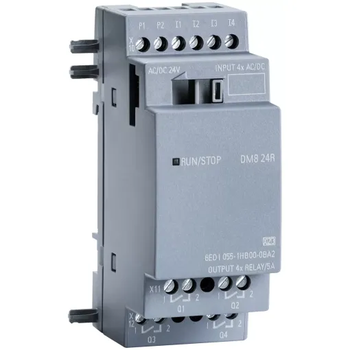 SIPLUS LOGO! DM8 24R, модуль розширення, робоча температура -40 ... + 70°C, пуск при -25°C, зі стійким покриттям, на основі 6ED1055-1HB00-0BA2 . модуль розширення, напруга живлення / входів / виходів: 24 в/24 в/реле, ширина 2TE, 4 DI/4 DO, ~/=/NPN вхід, д