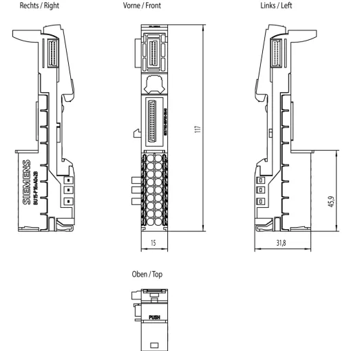 SIMATIC ET 200SP, базовый блок BU15-P16+A0+2B,  тип A0, втычные клеммы, без доп. клемм (AUX), подключение к сущ. нагрузочной группе (базового блока слева) ш х в: 15MMX117MM