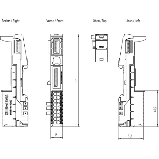 SIMATIC ET 200SP, базовий блок BU15-P16+A0+2D, тип A0, втичні клеми, без дод. клем (AUX), нова навантажувальна група, ш х в: 15MMX117MM