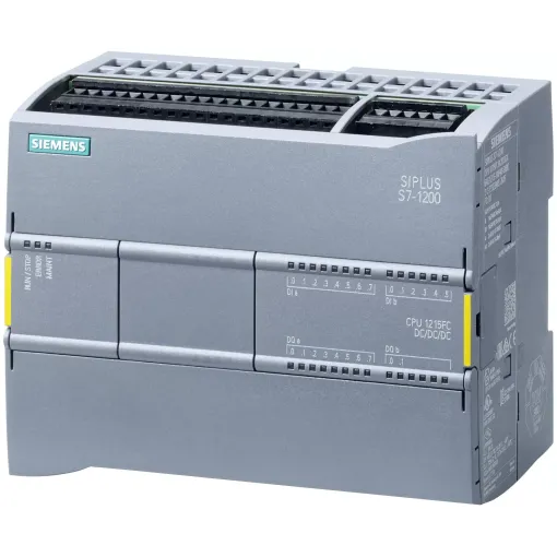 SIMATIC S7-1200F, відмовобезпечне компактне цпу CPU 1215 FC, DC/DC/RELAY, 2 порти PROFINET, вбудовані входи/виходи: 14 DI =24 в, 10 DO реле 2 A, 2 AI =0-10 в, 2 AO 0-20 ма, напруга живлення: =20,4 - 28,8 в, пам\'ять програми/даних: 150 кб
