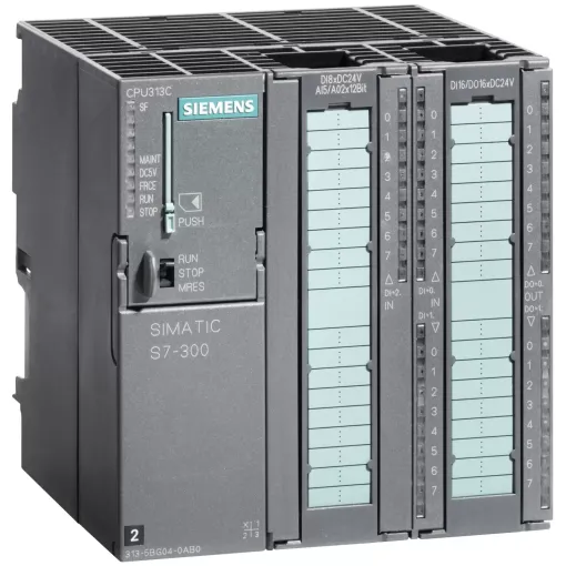 SIMATIC S7-300, компактное цпу CPU 313C с интерфейсом MPI, 24 DI/16 DO, 4AI, 2AO, 1 PT100, 3 быстрых счётчика (30 кгц), встр. блок питания =24 в, 128 кбайт рабочей памяти, для работы необходимы фронтштекеры (2 X 40пол.) и карта памяти MMC