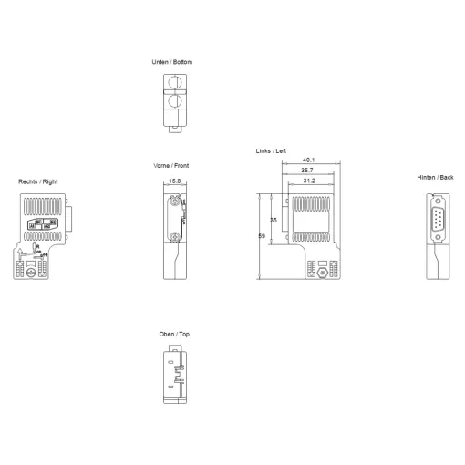 SIMATIC DP, шинний з\'єднувач для підключення до мереж PROFIBUS до 12 мбіт/с, відведення кабелю під кутом 90 градусів, 15,8 X 59 X 35,6 MM (шхвхг), IPCD, технологія FAST CONNECT, без роз\'єму для підключення програматора