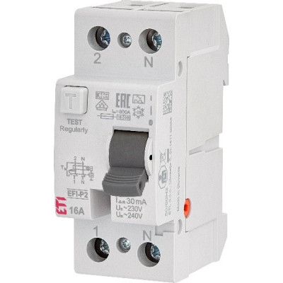 Реле диференційне (ПЗВ) 2р EFI-P2 80/0,03 NL тип A (10kA), ETI 2061414 (нейтр. полюс зліва)