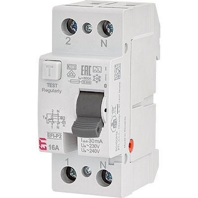 Реле диференційне (ПЗВ) 2р EFI-P2 80/0,3 NL тип A (10kA), ETI 2061434 (нейтр. полюс зліва)