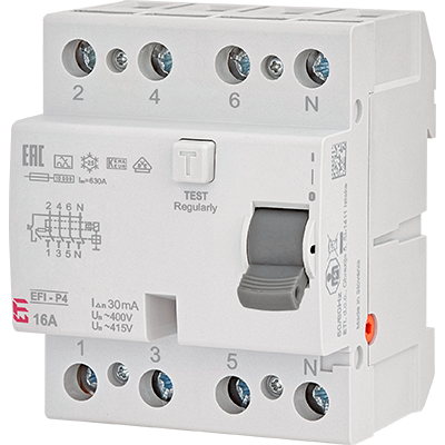Реле диференційне (ПЗВ) 4р EFI-P4 25/0,1 NL тип A (10kA) ETI 2061821 (нейтр. полюс зліва)