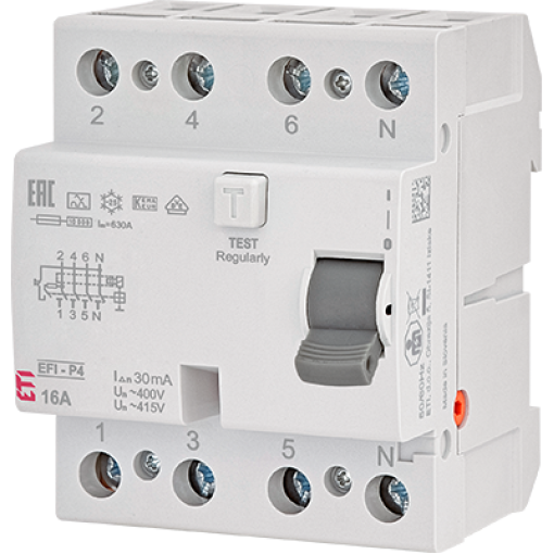 Реле диференційне (ПЗВ) 4р EFI-P4 63/0,03 NL тип A (10kA) ETI 2061813 (нейтр. полюс зліва)