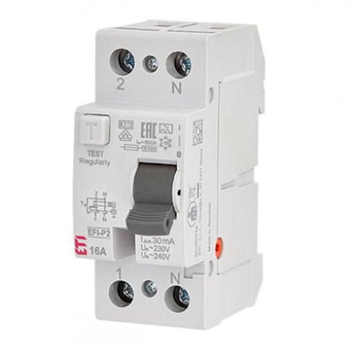 Реле диференційне (ПЗВ) 2р EFI-P2 16/0,03 NL тип A (10kA), ETI 2061410  (нейтр. полюс зліва)