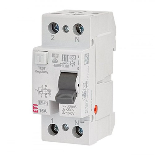 Дифференциальное реле (УЗО) 2р EFI-P2 16/0,3 NL тип A (10kA), ETI  2061430 (нейтраль. полюс слева)