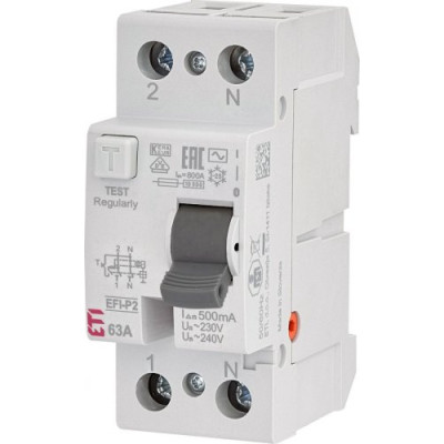 Реле диференційне (ПЗВ) 2р EFI-P2 63/0,5 тип AC (10kA), ETI 2061243