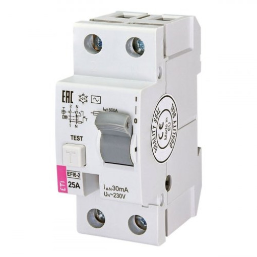 Дифференциальное реле (УЗО) 2р EFI6-P2 25/0,03 тип AC (6kA), ETI 2061251