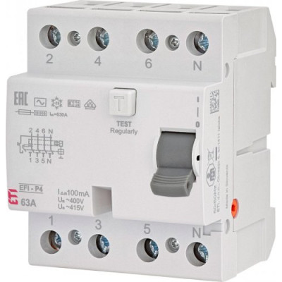 Дифференциальное реле (УЗО) 4р EFI-P4 63/0,1 тип AC (10kA), ETI 2061623