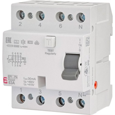Реле диференційне (ПЗВ) 4р EFI-P4R 63/0,03 тип A (10kA) (RESET), ETI 2061863