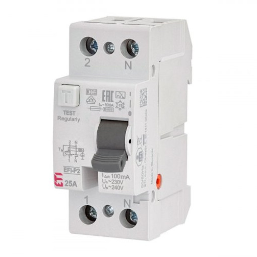 Дифференциальное реле (УЗО) 2р EFI-P2 25/0,1 NL тип A (10kA), ETI  2061421 (нейтраль. полюс слева)