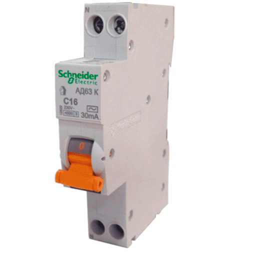 Дифавтомат 1-модуль 1 + N, 6 Ампер «С», 30мА Schneider Electric серія «Домовий» АД63К 12478