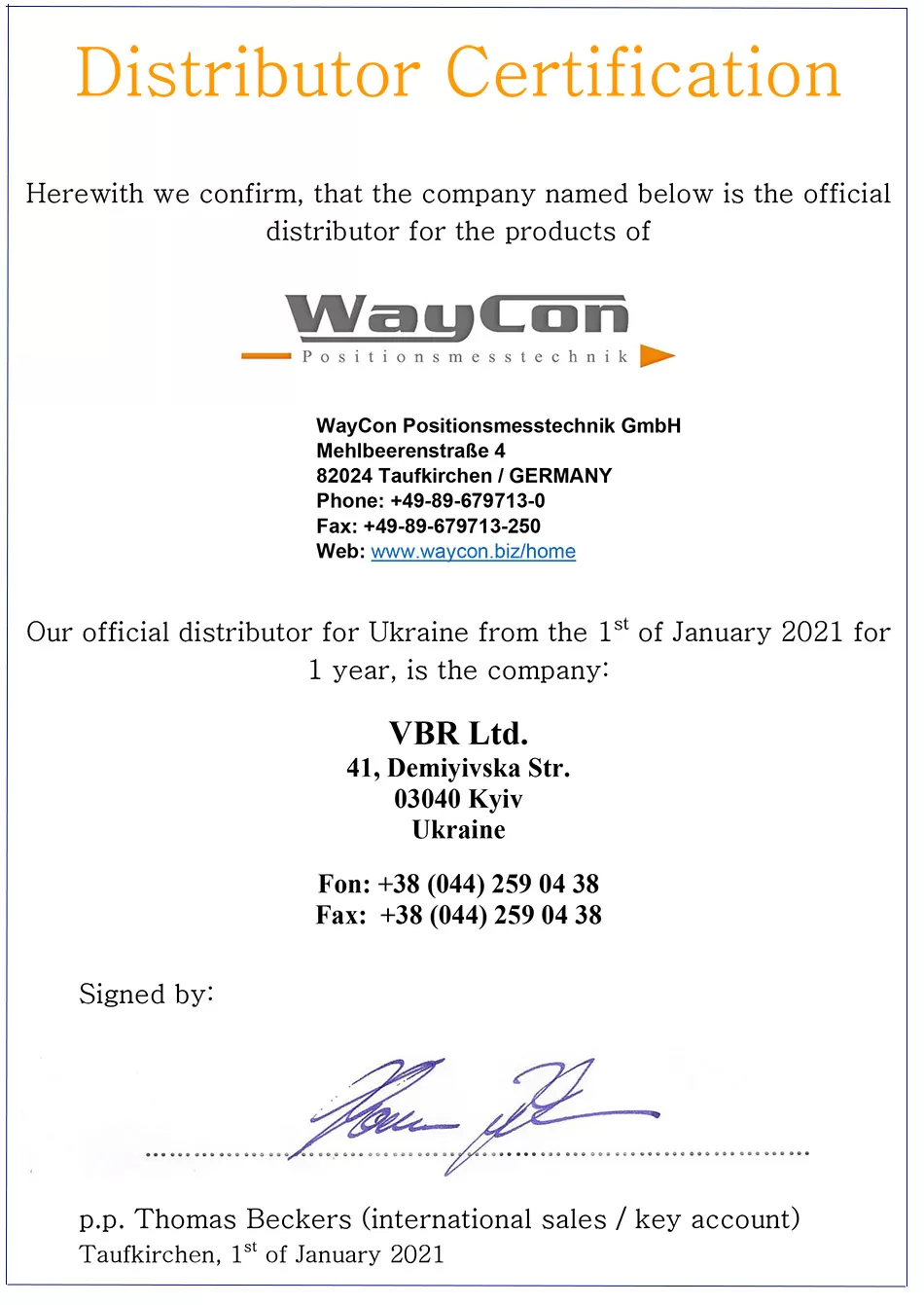 Сертифікат WayCon Positionsmesstechnikr